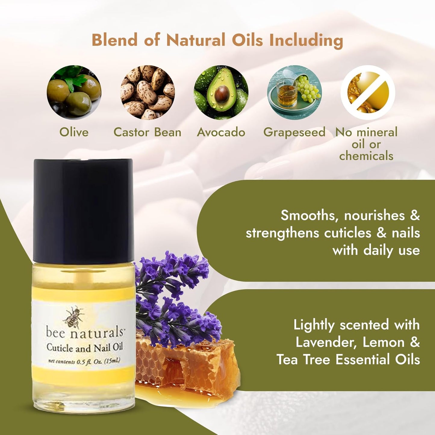 Bee Naturals Nail & Cuticle Oil 0.5 oz - Heals Cracked Nails & Rigid Cuticles. Deep moisture for nails and cuticles. Contains rich avocado and castor oils. Massage into nails and cuticles.