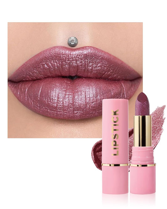 Glitter Metallic Shimmer Lipstick Long Lasting,Glitter Diamond Shine Red Color Matte Lipstick Transfer Proof Non-Stick Lip Gloss Shimmer Highly Pigmented Full Coverage Lip Makeup for Women-06