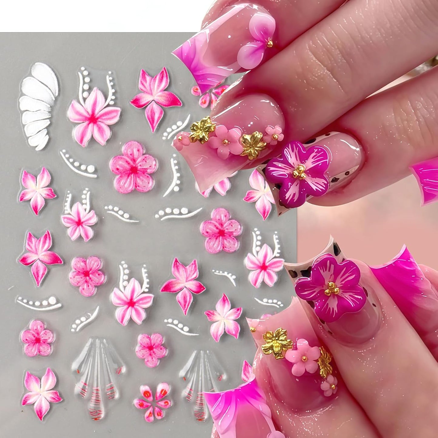 3Sheets 5D Embossed Flowers Nail Art Stickers Self-Adhesive Pink Red Flower Nail Decals Floral French Tips Nail Design Spring Summer Lily Hibiscus Nail Art Supplies for Women Manicure Decorations