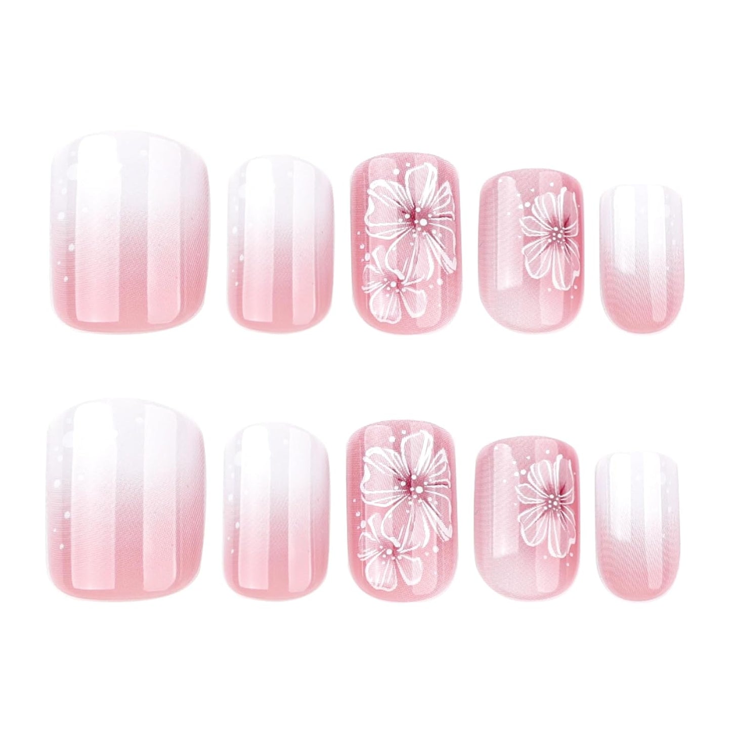 Summer Fall Press On Nails Short Square, Nude Fake Nails Featuring a Nude-to-White Gradient and Elegant White Floral Accents, Glossy Finish Acrylic Nails, Reusable Glue On Nails for Women, Petal Veil