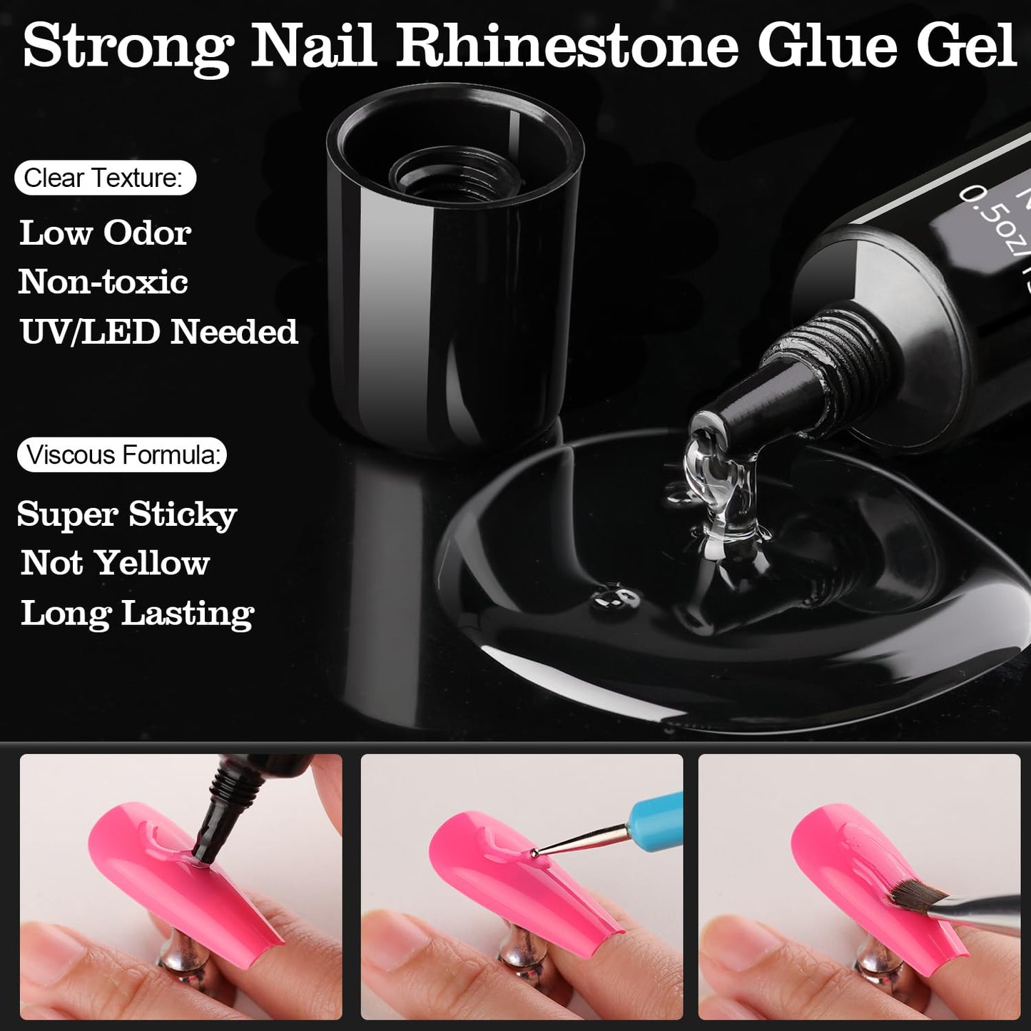 Rhinestones for Nails, Manicure Kit with Rhinestone Glue Gel, Multi Shapes Dark Blue Glass 3D Nail Charms + Flatback 2-5mm Round Beads & Gem Glue (UV/LED Needed) with Dotting Tools