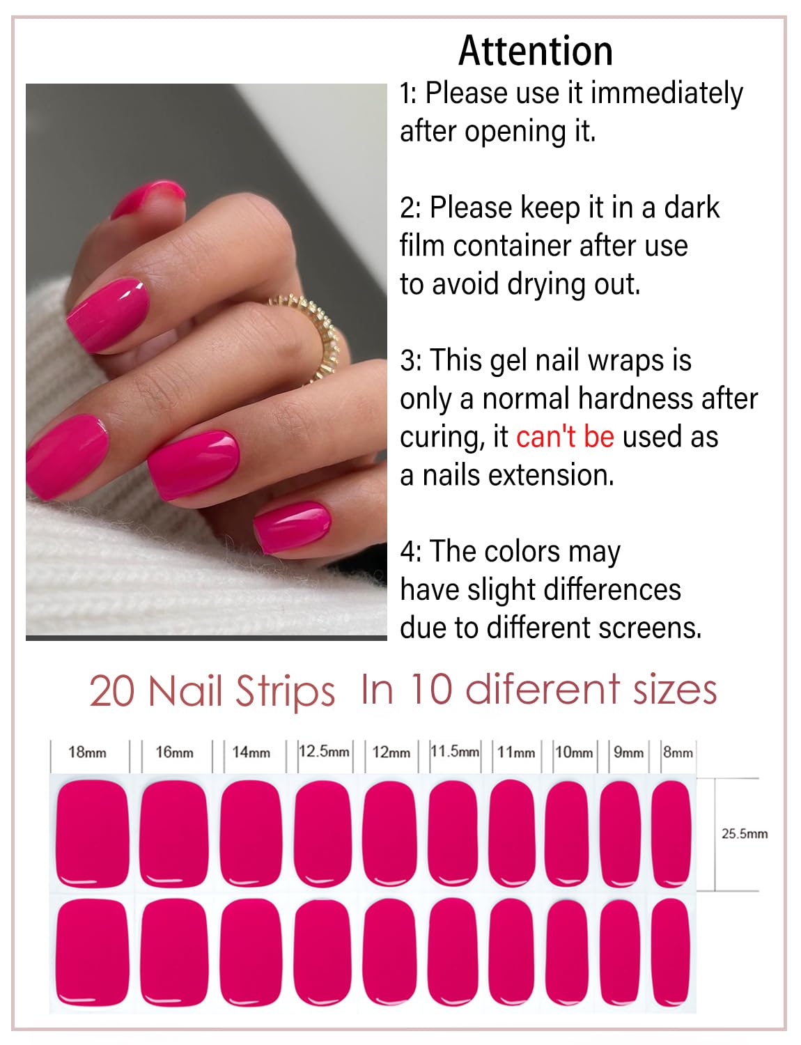 Semi Cured Gel Nail Strips, 20pcs Berry Pink Gel Nail Stickers Work with UV, Easy to Use and Remove