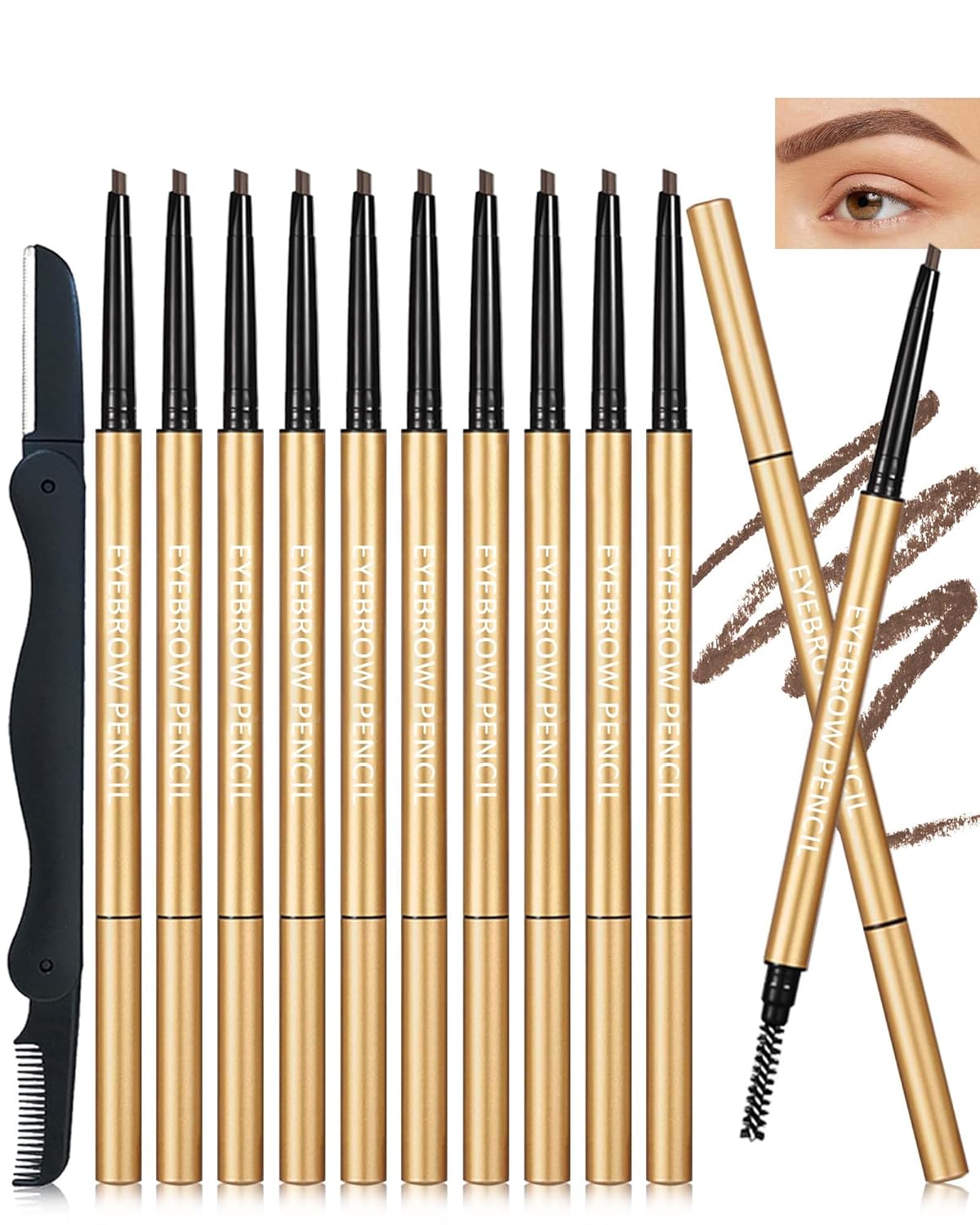 Eyebrow Pencil, 12Pcs Brown Ultra-Fine Retractable Eye Brow Pencil,Long-Lasting Waterproof Eyebrow Tint Pen Kit for Define Shape and Fill Brow,Thanksgiving Eye Makeup Gift Set for Women Girl-03