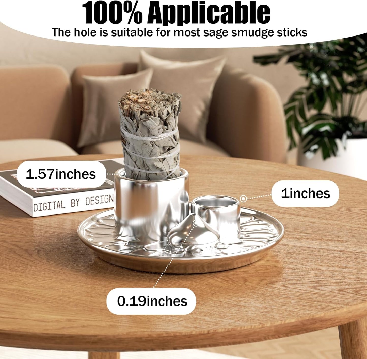 Palo Santo Holder - 4 in 1 Incense & Candle Holder - Ceramic Incense Holder Ash Catcher Tray for Meditation Room - Easy to Clean (Silver)