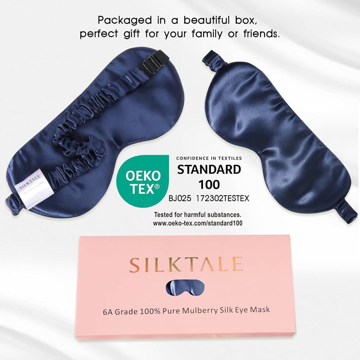 Mulberry Silk Blackout Adjustable Sleep Eye Mask for Men/Women Travel Plane,Navy Blue