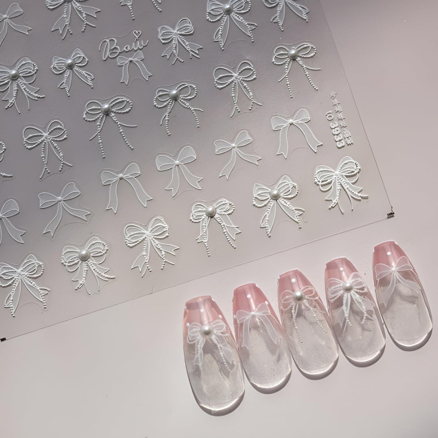 White Bow Nail Stickers for Nail Art 5D Self Adhesive White Nails Art Stickers Bow Nail Decals with Rhinestone Design Embossed Bow Decoration Accessories for Women Girls