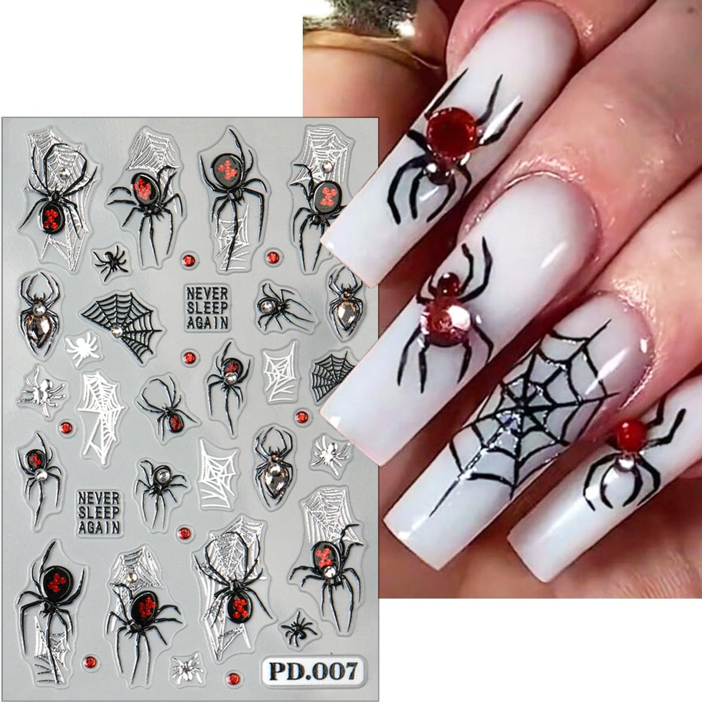 2 Sheets Spider Nail Decals for Nail Art Embossed Halloween Nail Stickers with Rhinestones Designs 5D Horror Spider Nail Art Stickers Self-Adhesive Halloween Holiday Nail Supplies for Women