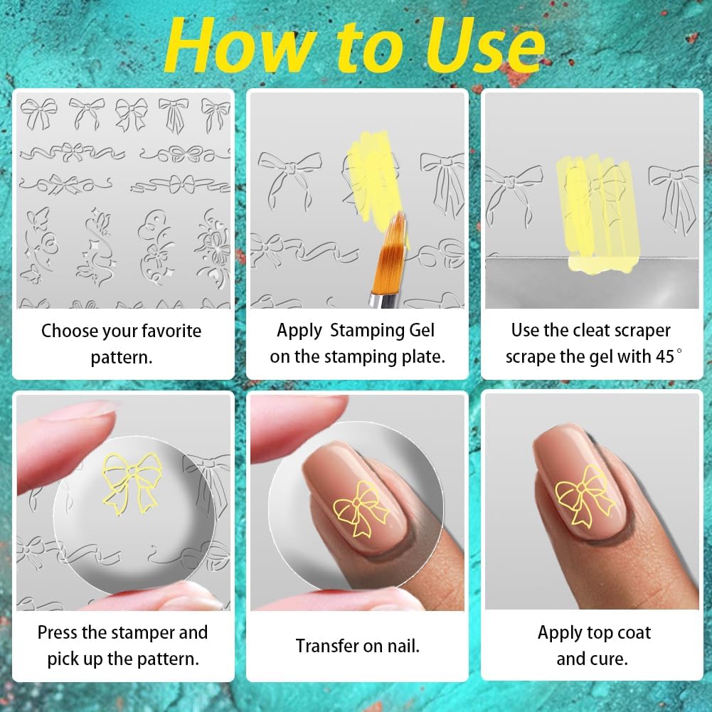 3Pcs Pearl Feathers Lace Nail Stamping Plate Bows Heart Wings Nail Stamping Templates French Tip Nail Art Stamp Image Plate Stainless Steel DIY Reusable Tools for Manicure Printing