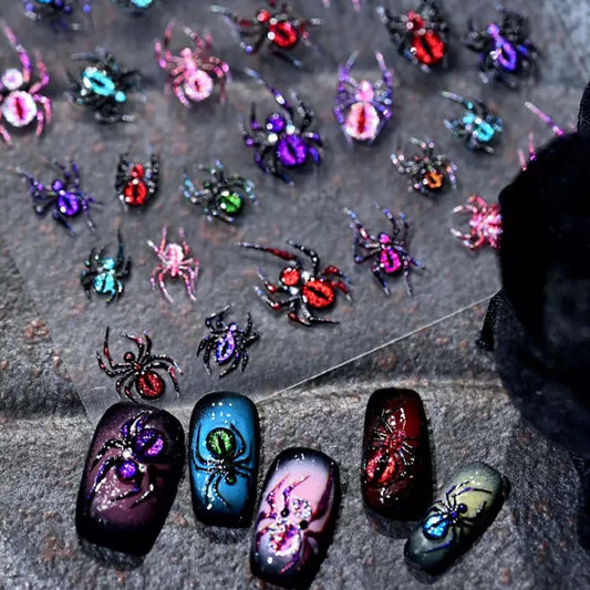 5D Embossed Halloween Nail Stickers for Nail Art Colorful Spider Nail Decals Self-Adhesive Halloween Nail Design Spider Nail Art Stickers for Women DIY Manicure Decorations Supplies