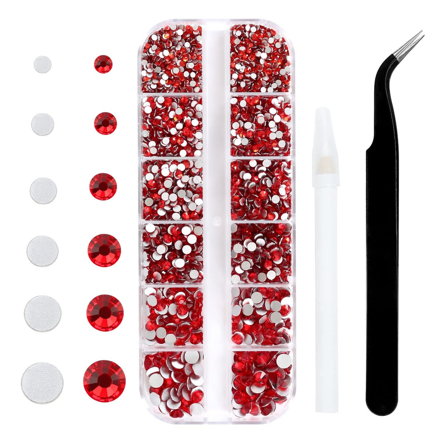 4240Pcs Flatback Red Rhinestones Glass Crystal Diamonds for Nail Art Eye Jewels Glitter Round with Tweezers and Picking Pen (SS6~SS20 Set)