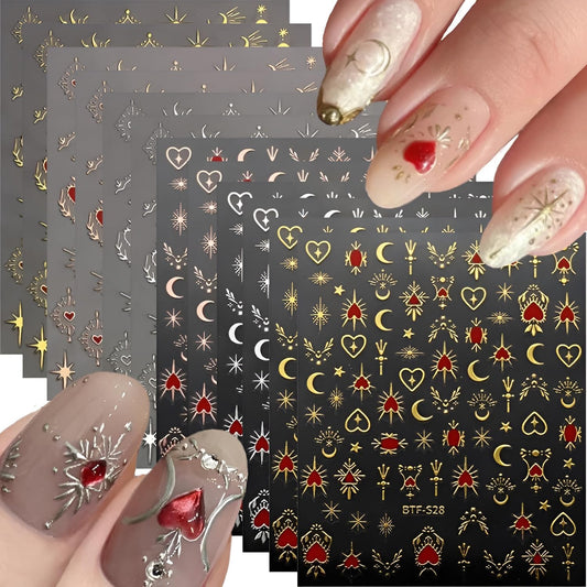 Star Nail Art Stickers - 12 Sheets, 3D Self-Adhesive Gold Moon, Red Heart, Silver Star Designs for Nail Art Decoration