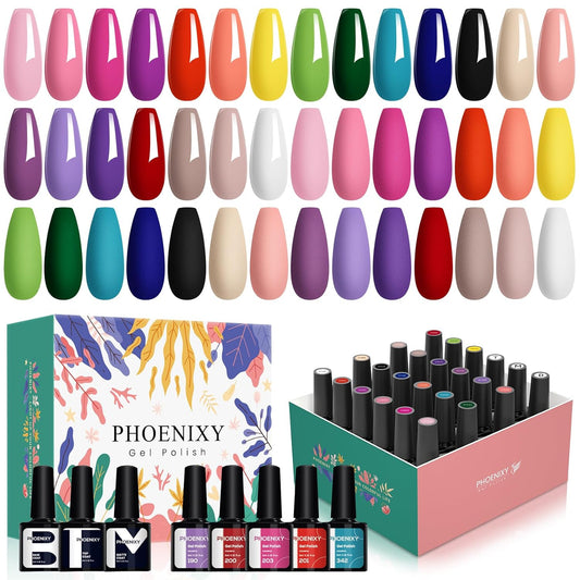 phoenixy 24 PCS Gel Nail Polish, Purple Colors Gel Nail Polish Set Nail Polish Set with Base Glossy Matte Top Coat Black Red Nail Kit Gifts for Women (PCB9028)