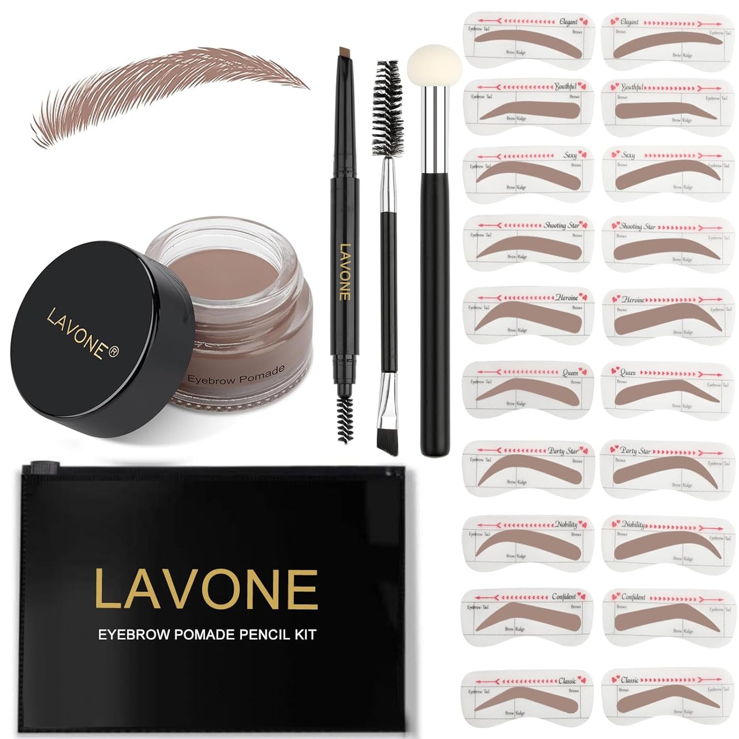 LAVONE Eyebrow Stamp Stencil Kit - Brow Stamp Trio with Waterproof Pencil, Pomade, 20 Stencils, Dual-ended Brush and Sponge Applicator - Ash Blonde