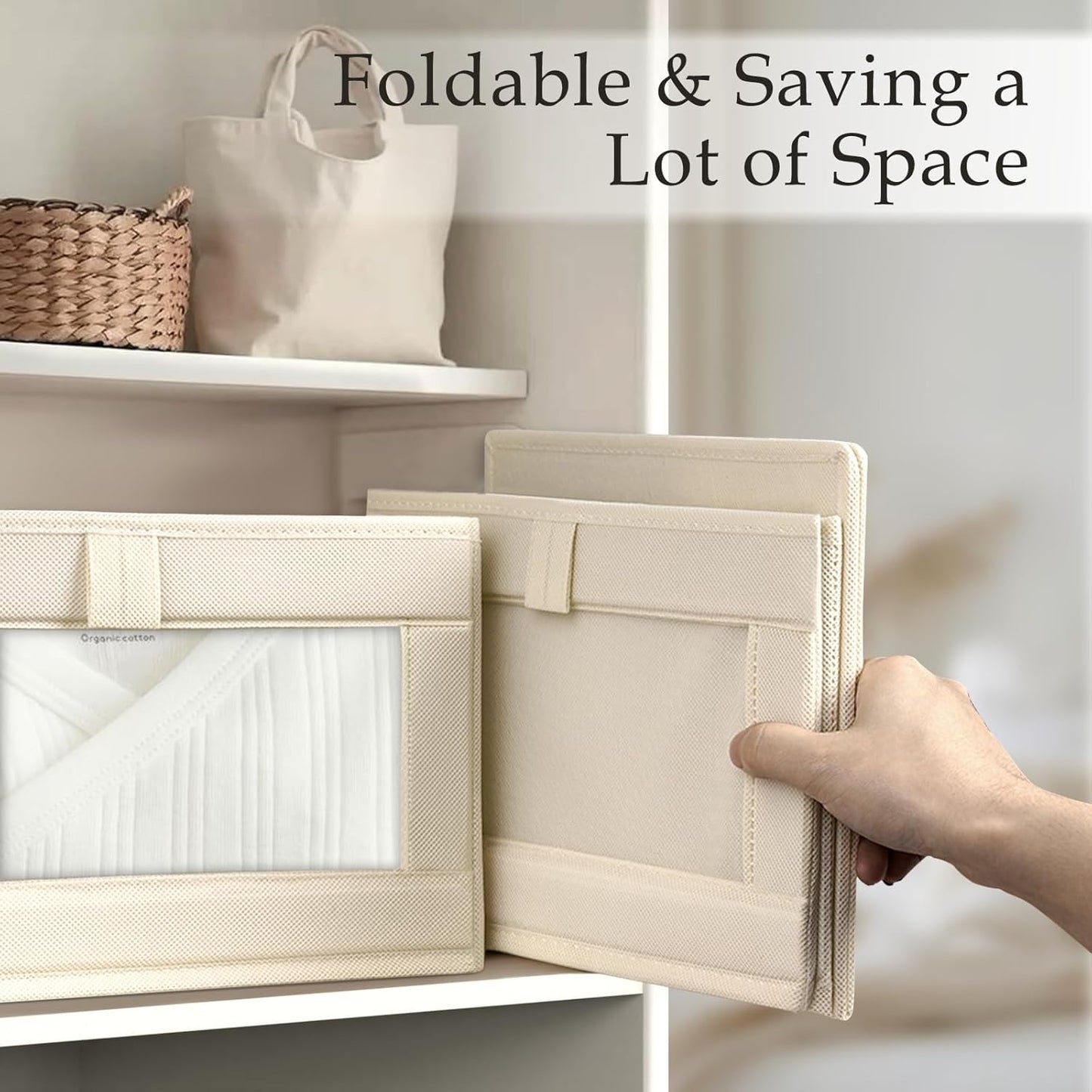 Criusia Linen Closet Organizers and Storage, 4 Pack Linen Closet Baskets with Mesh Window for Organization, Foldable Closet Organizer for Clothing, Towels, Toys, Nursery, Books, Shelves, Beige