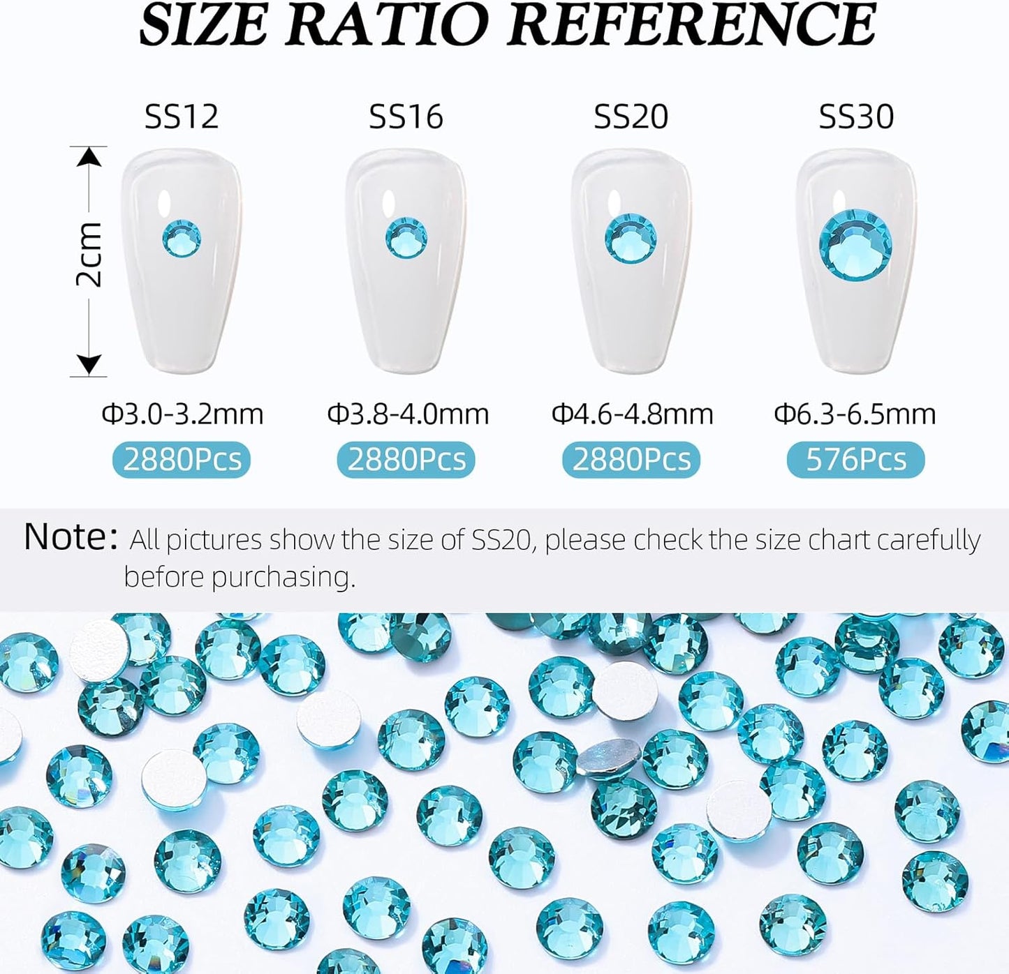 Aquamarine Flatback Rhinestones, Glass Rhinestones for Nail Art and Craft, Glue Fix, Loose Crystal Gemstones(Aquamarine, SS30, 576pcs, 6.4-6.6mm)