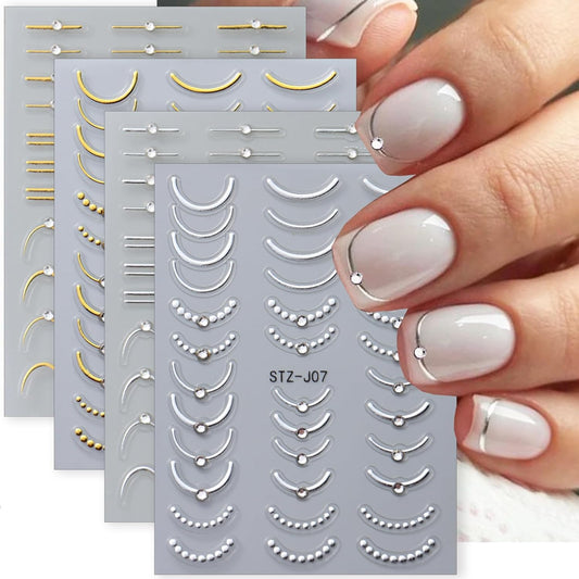 4 Sheets French Tip Nail Art Stickers 5D Simple Gold Silver Line Nail Stickers with Shiny Diamond Design Self-Adhesive Nail Decals French Sticker for Women Manicure Decorations