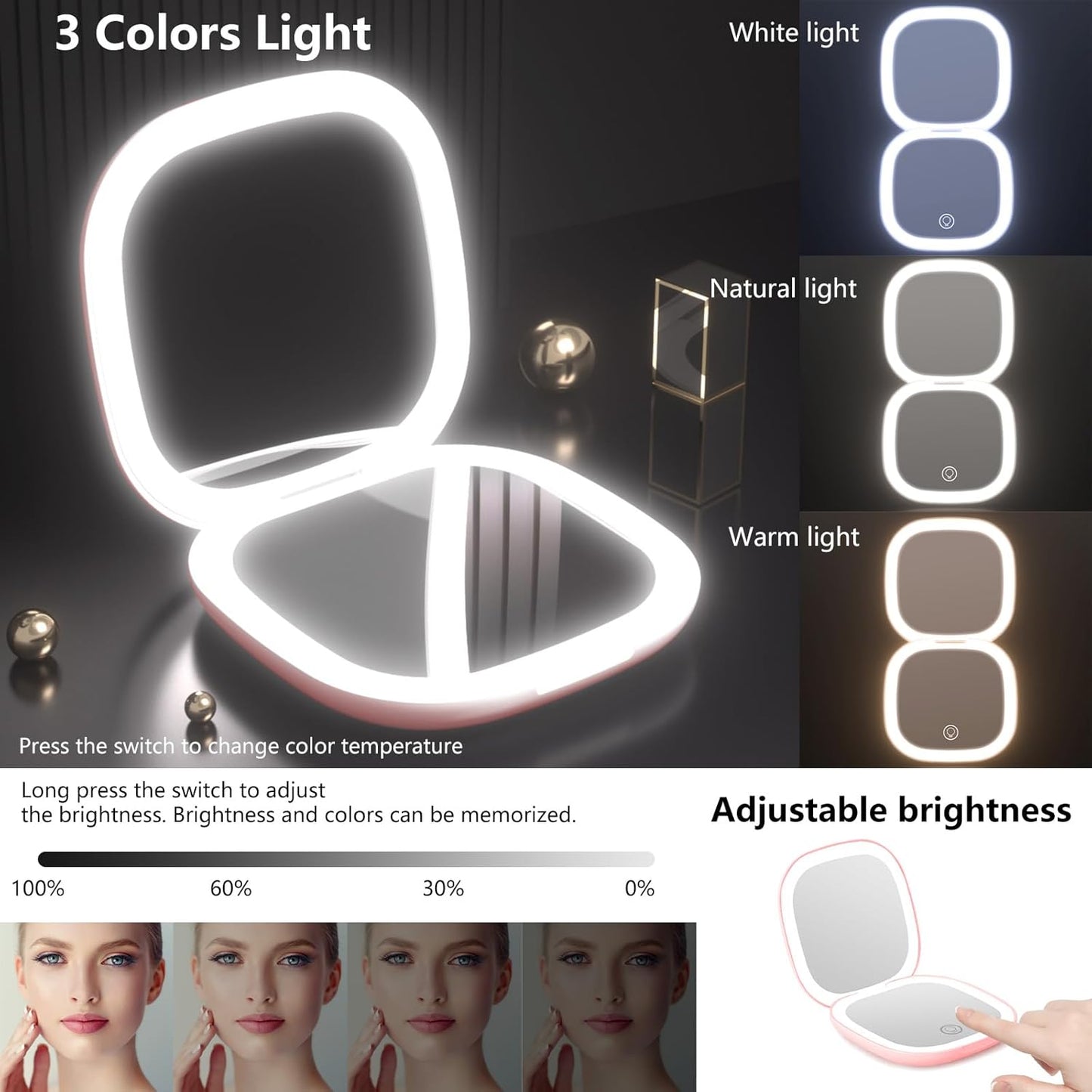 Travel Magnifying Mirror with Light,Dual-Sided Compact Mirror for Purse with 15X Magnification, 3 Lighting Modes, Auto Shut-Off, Portable Pocket Makeup Mirror, Essential Travel Mirror