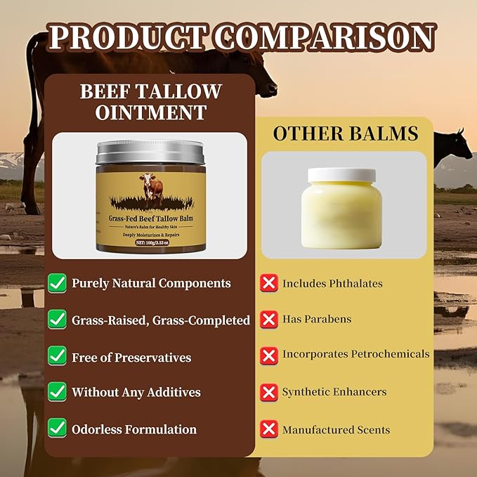 Beef Tallow for Skin, Tallow and Honey Balm, Facial Moisturizer Cream, 100% Organic Grass Fed Whipped Beef Tallow Balm Deeply Moisturizing for Face & Body, Suitable For All Skin Types(3.53oz)