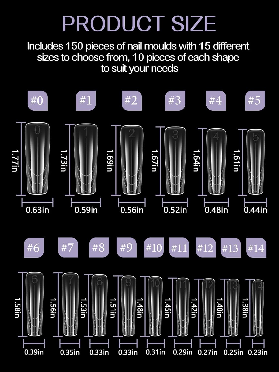 TOROKOM Poly Extension Gel Dual Nail Forms 150Pcs Coffin Clear Nail Forms Full Cover Coffin Nail Molds 15 Sizes for Gel Manicure Nail Art Design Salon&DIY