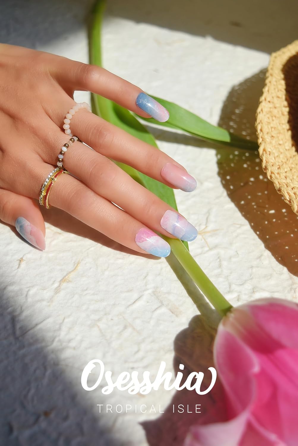 Semi Cured Gel Nail Strips, 20 pcs Nail Wraps, Glaze Stickers, Salon Quality French Manicure, Full Decal Gel Polish Strips, Long Lasting SCG, Easy on, UV Required (Tropical Isle)