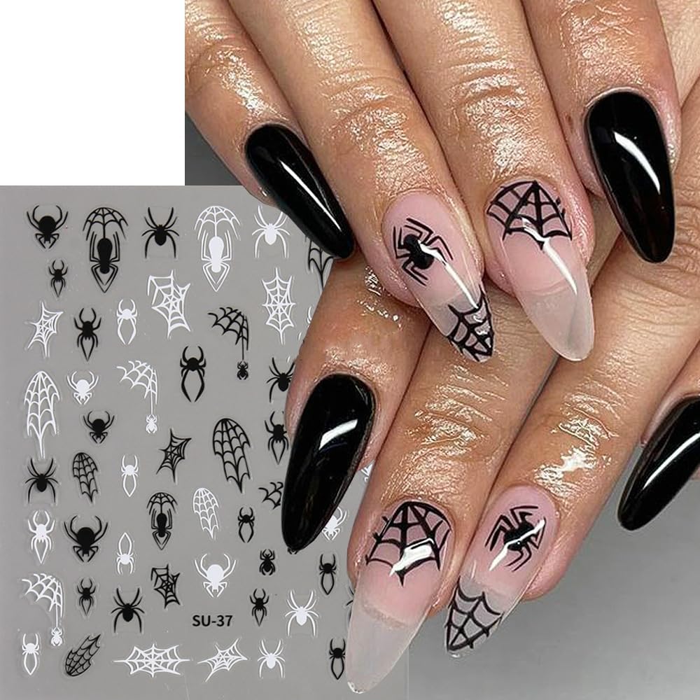 Halloween Nails Stickers Black Spider Nails Sticker 3D Embossed White Web Self Adhesive Sticker Nail Decals Black White Red Glitter Nail Art Decals Halloween Decals for Nail DIY Manicure 6Sheet