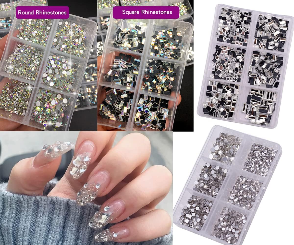 Nail Art Rhinestones K9 Glass Crystal Iridescent AB Clear Flatback Diamonds for Round &Square Gems Stones Constitute in 6 Mixed Sizes Jewels Set for Nail Design DIY Multiple 2920PCS + Pen Tweezers