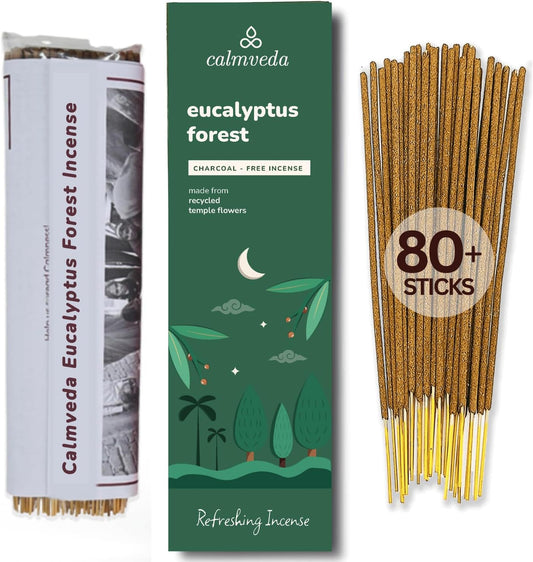 Forest Eucalyptus Incense Sticks - 80 Charcoal Free Incense Sticks, Made from Upcycled Flowers | Crisp, Refreshing Aroma of Rainforest, Transports You to Eucalyptus Forest