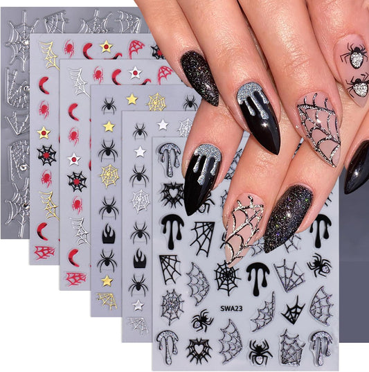 Spider Web Nail Stickers Halloween Nail Sticker for Nail Art 3D Self Adhesive Nail Decals Star Heart Water Drop Flame Design Spider Nail Art Stickers for Women DIY Salon Manicure 6 Sheet