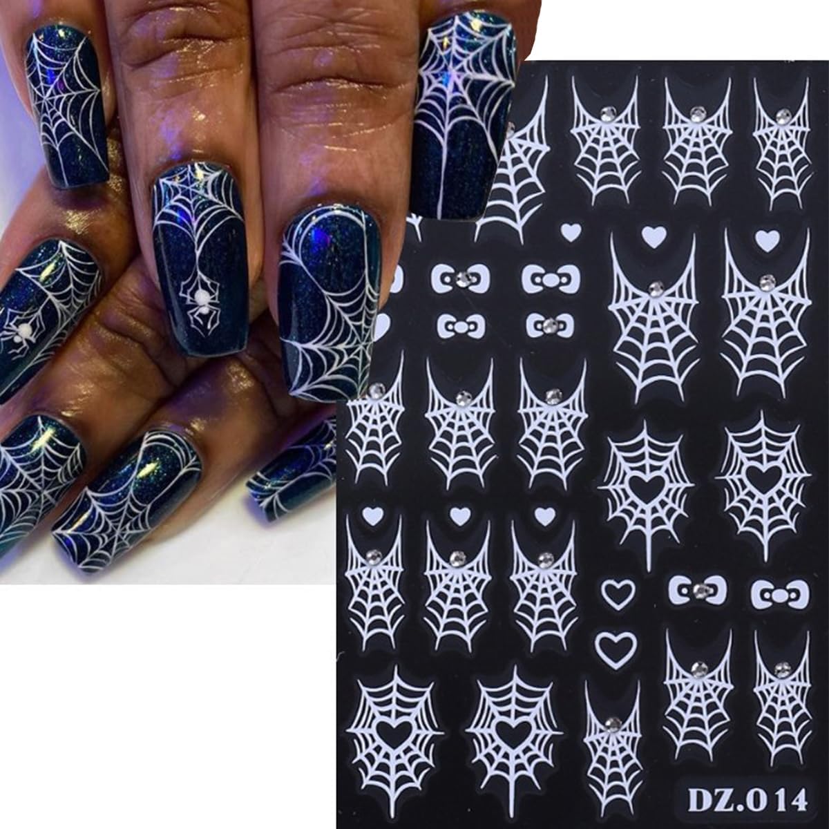 Spider Web Nail Stickers Halloween Nail Decals 3D Self Adhesive Nail Stickers for Nails Bow Heart Spider with Rhinestone Design White Gold Fall Nails Sticker for Women DIY Holiday Manicure 4 Sheet