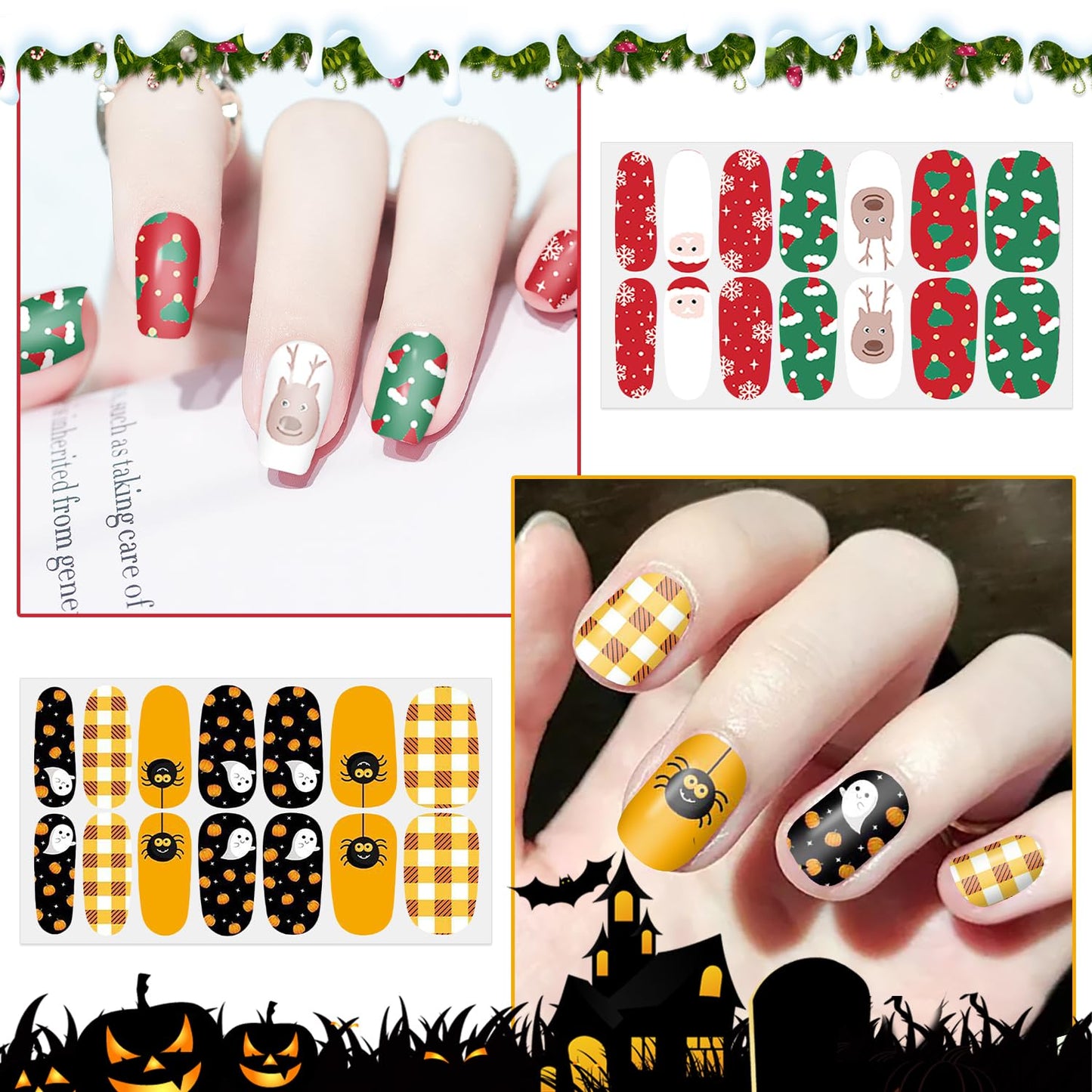 WOKOTO 20 Sheets Mixed Halloween Christmas Nail Polish Strips Full Nail Wraps Stickers for Women Nail Art Pumpkin Bat Ghost Witch Spider Halloween Nail Polish Stickers Gel Nail Wraps for Girls