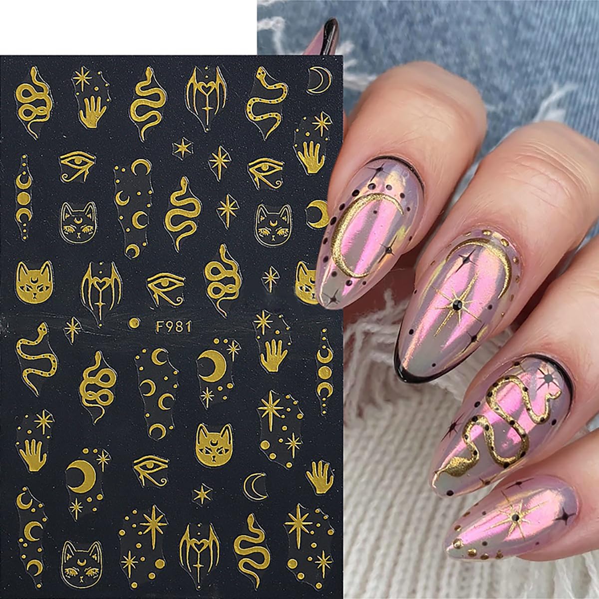 8 Sheets Metallic Sun Star Moon Nail Art Stickers 3D Self-Adhesive Gold Decals Sun God Asterisk Snake Eyes Design for Women Acrylic Nails DIY Decoration Supplies