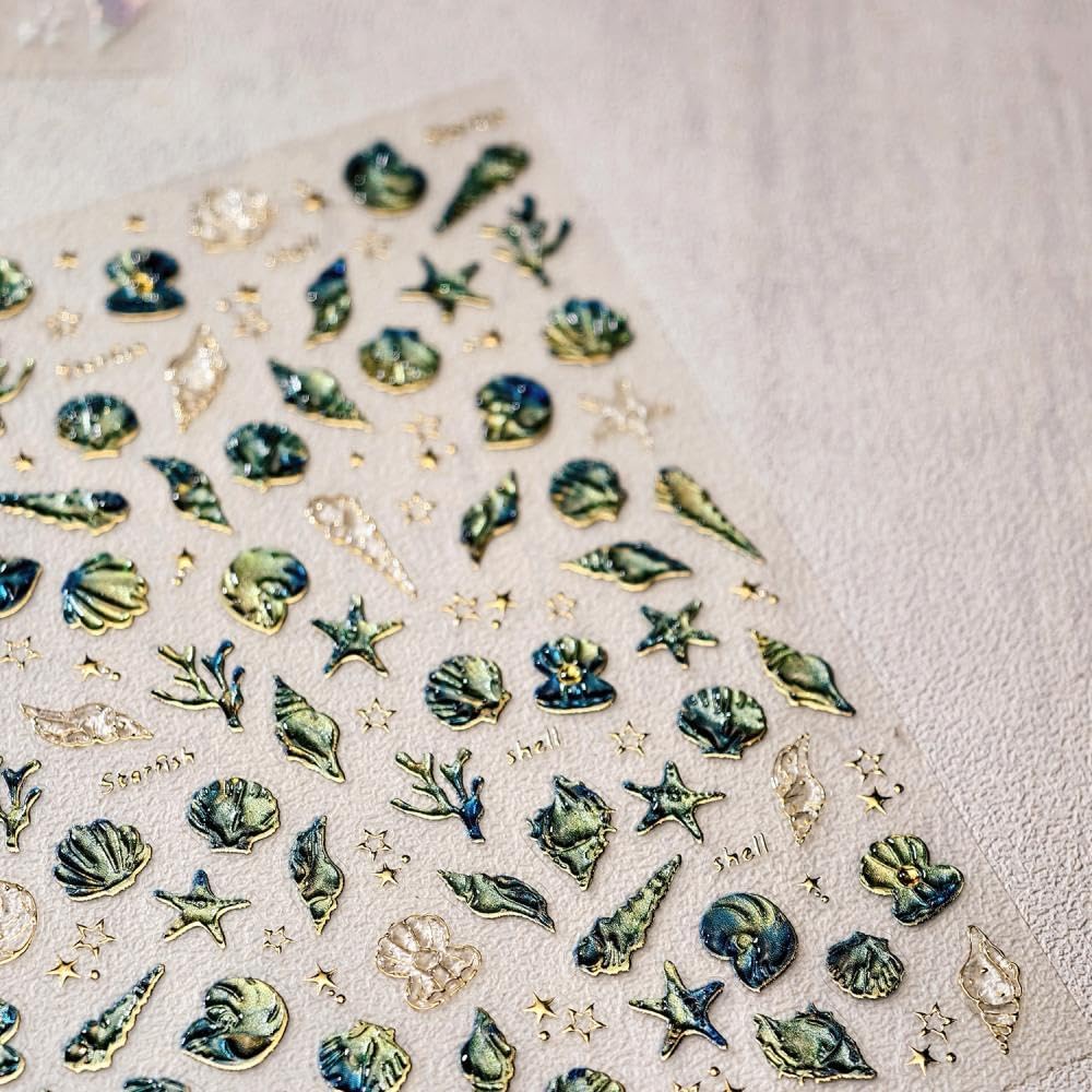 Laser Ocean Nail Stickers Gold Conch Nail Designs Self-Adhesive Silver Shell Nail Decals 5D Embossed Aurora Starfish Summer Sticker Manicure Accessories for Women Girls DIY Acrylic Nails 2 Sheets