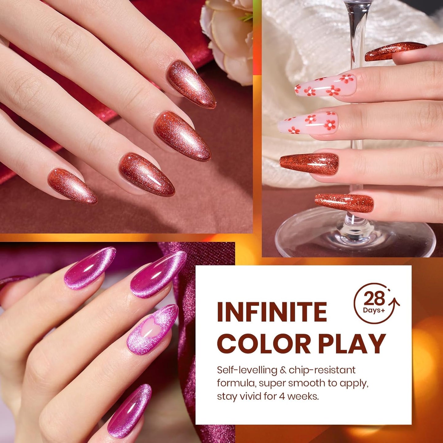 Beetles Fall Gel Nail Polish Set – Opulent Glow Cat Eye Gel Polish, 20 Colors Red Orange Yellow Glitter Brown, Soak Off UV LED with Base Glossy Matte Top Coat for DIY Manicure Gift for Women