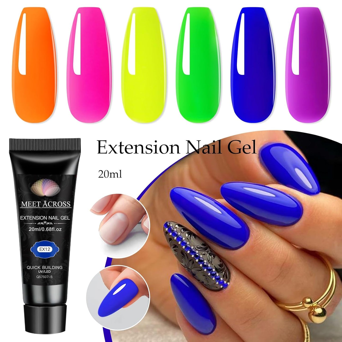 Neon Poly Nail Gel Set - 6 Colors Halloween Pink Neon Green Yellow Orange Bright Colors Poly Extension Nail Gel Polish Kit Soak Off UV Long Lasting Enhancement Solution for Salon DIY at Home