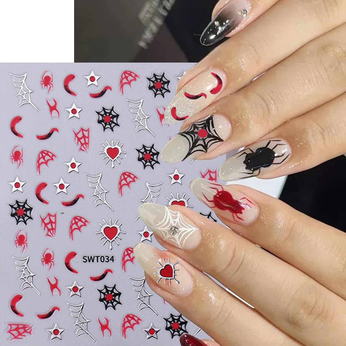 Spider Web Nail Stickers Halloween Nail Sticker for Nail Art 3D Self Adhesive Nail Decals Star Heart Water Drop Flame Design Spider Nail Art Stickers for Women DIY Salon Manicure 6 Sheet