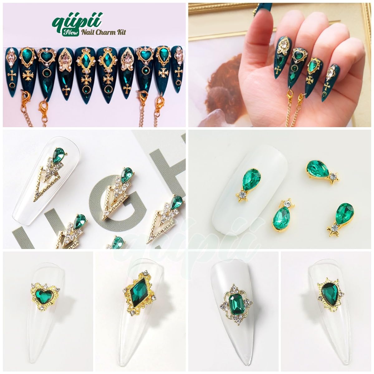 24pcs Green Luxury Nail Charms + 2000pcs Emerald Green Rhinestones 3D Big Gems Glass Crystals Diamonds Jewelry Stones Alloy Art Studs Decor Supplies Heart Charms for Arylic Nails Crafts
