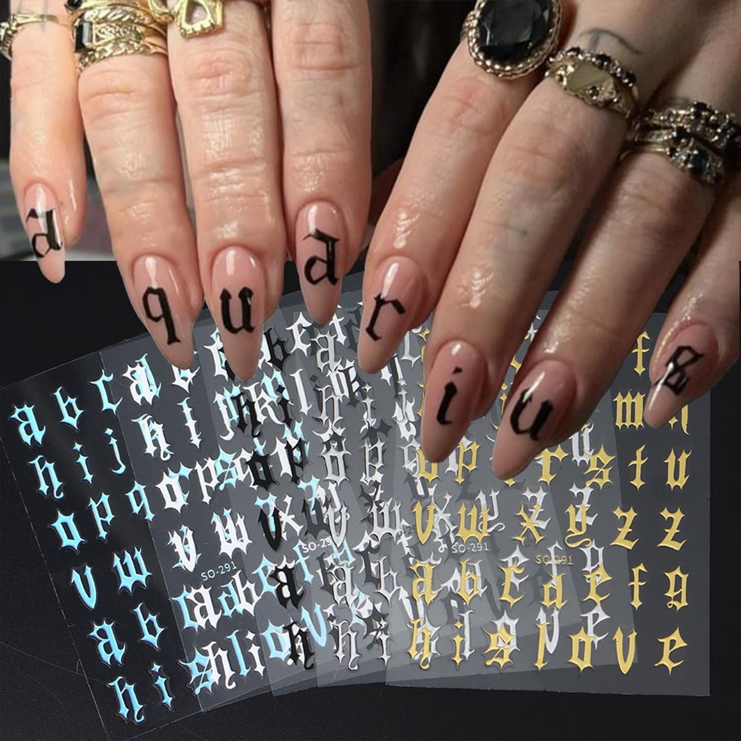 Multicolor Letter Nail Art Stickers Decals English Nails Stickers with Design Self-Adhesive Nail Art Decal for Women Manicure Decor