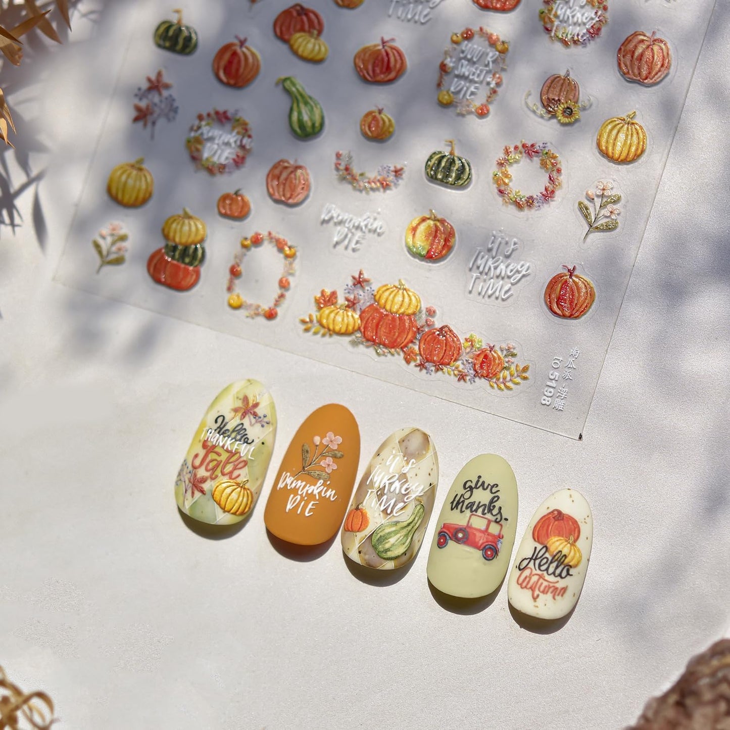 1 Sheet Pumpkin Nail Stickers 3D Self-Adhesive Garland Nail Art Stickers Flower Nail Decals 5D Embossed Green Pumpkin Nail Designs Autumn Fall Nail Art Decoration for Women Girls Manicure