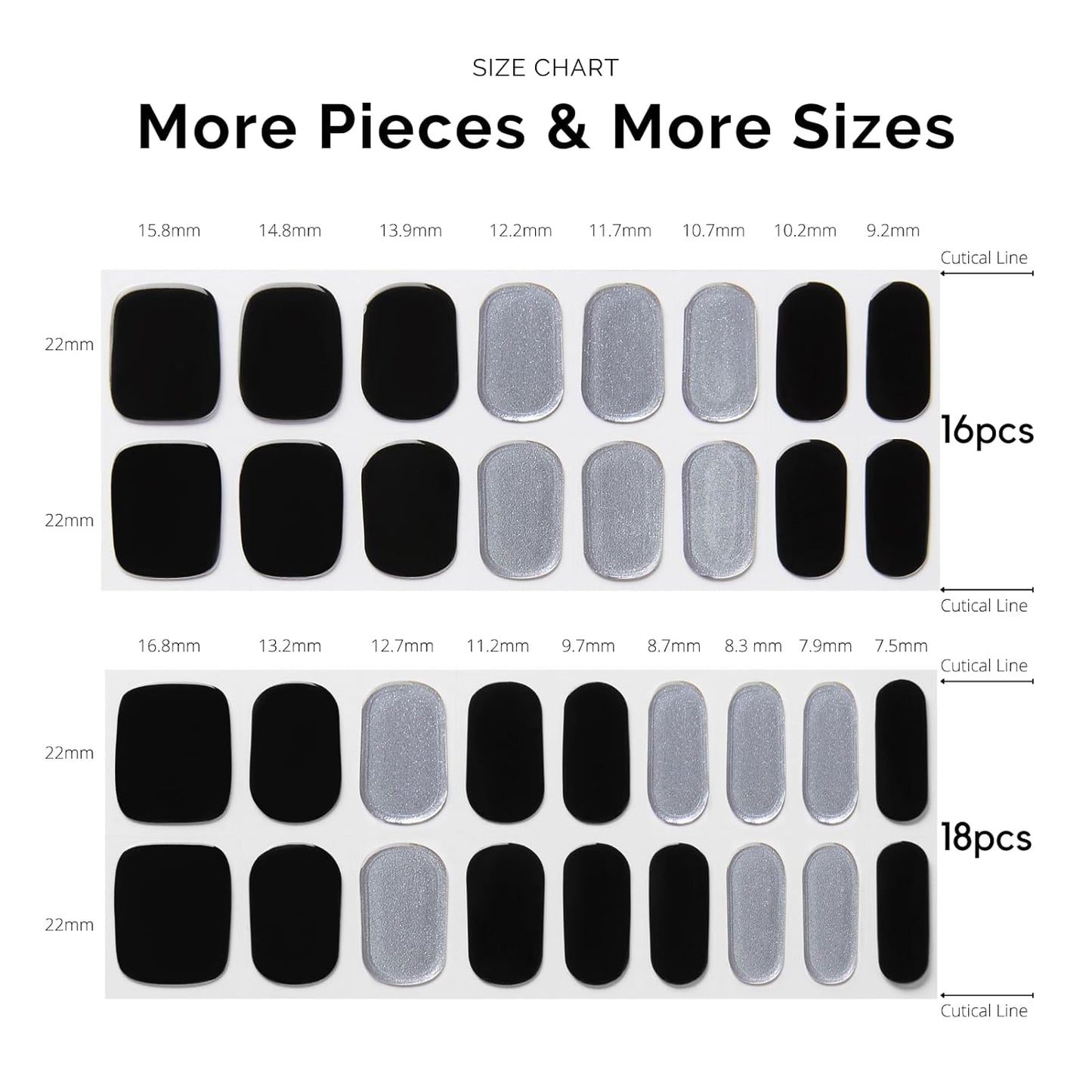 Semi Cured Gel Nail Strips - NAILOG 34 Pcs Silver Black Nail Stickers Extra Long Wraps with Glossy Gel Finishing for Autumn Winter, Reckless