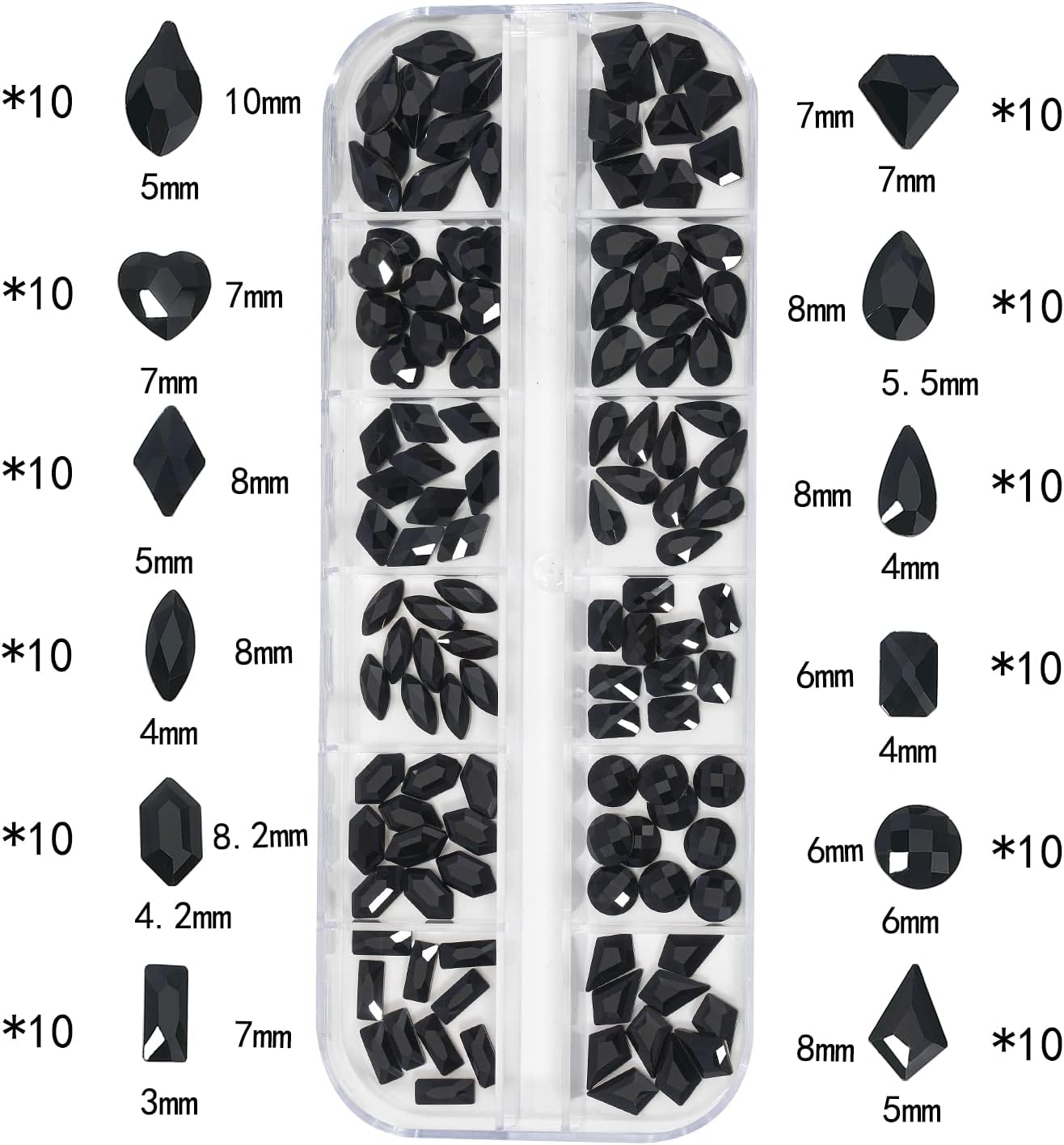Nail Rhinestones - 3D Multi Shape Size, Flat Back, Manicure Rhinestones Charms, Crystal Black Gems, with Kit, for Nail Art, Bedazzling Acrylic Nails, DIY Decor