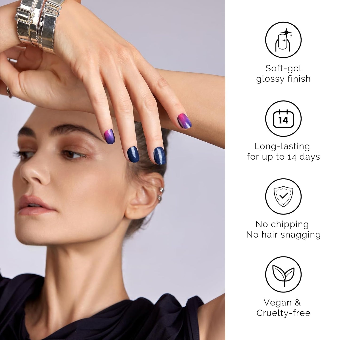 NAILOG Semi Cured Gel Strips - 34 Pcs Nail Stickers Buy 2 Get 1 UV Light | Long Lasting Wraps With Glossy Gel Finish Purple, Neon Nocturne