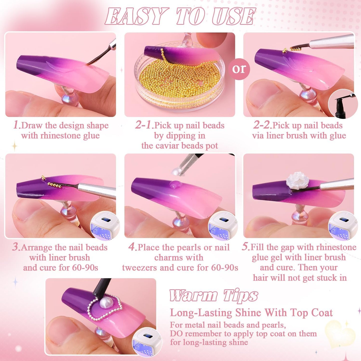 Flatback Pearls (White) and 3D Flowers for Nail Art, Pearl Nail Charms and Nail Flowers Blossom with Small Round Caviar Nail Beads Nail Accessories for Acrylic Nail Tips Manicure Decor