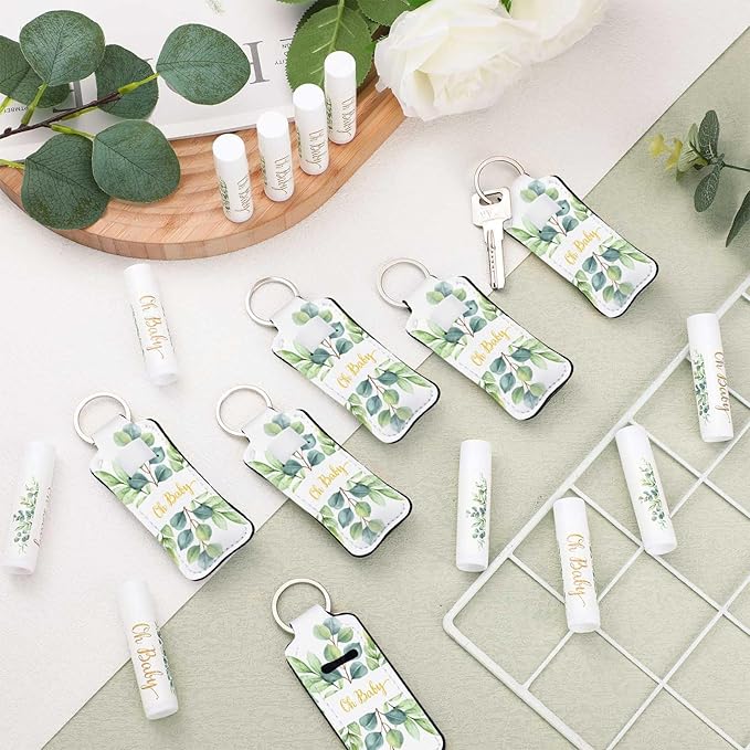 18 Sets Baby Shower Bridal Shower Favors for Guests Bulk Lip Balm and Lipstick Holder Keychains Set Baby Shower Bridal Shower Goodies Bags Thank You Gifts for Guests(Eucalyptus Baby)