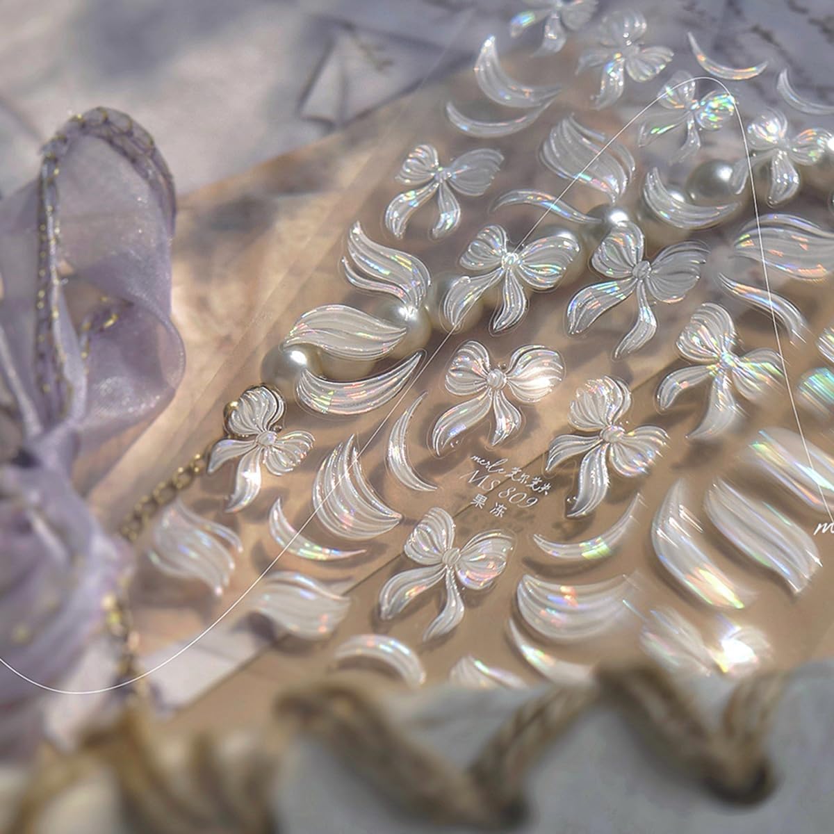 Bow Nail Art Stickers Decals Jelly Nail Art Stickers Silk Nails Art Decals with Design 5D Embossed Self Adhesive White Nails Sticker for Women Girls Kid Manicure Supply DIY Charms Decoration