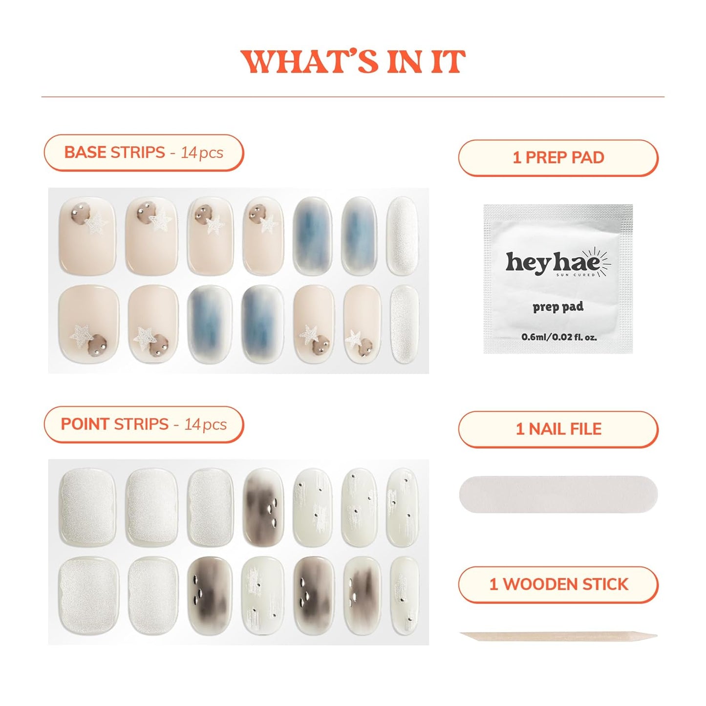 Semi Cured Gel Nail Strips | No LED Lamp Needed | Ombre, Blue, White | Easy Apply & Remove, Salon Quality | Includes 28 Strips, 1 Prep Pads, Nail File & Wooden Stick - Hey, Sweet Dreams Babe