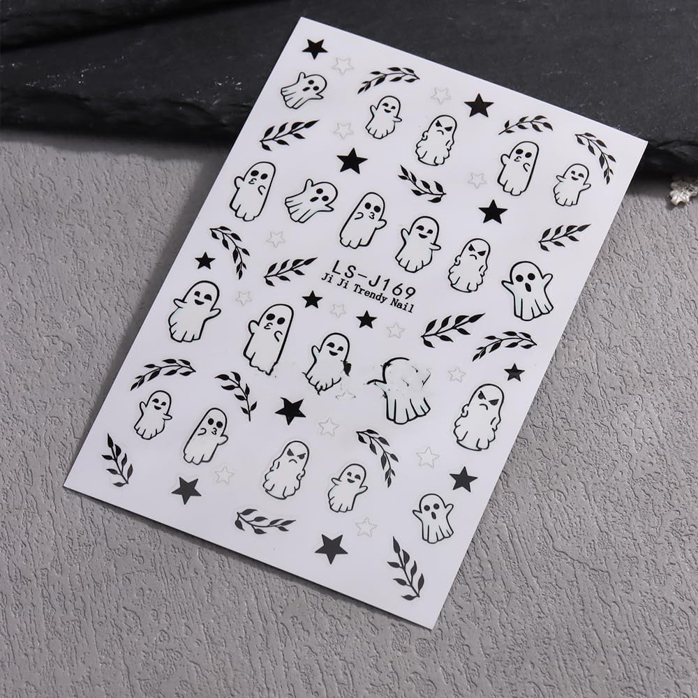 Halloween Nails Stickers Cute Ghost Nails Sticker 3D Embossed Pink Flowers White Ghost Self Adhesive Sticker Nail Decals Black Leaves Nail Art Decal Halloween Decals for Nail DIY Manicure 6Sheet