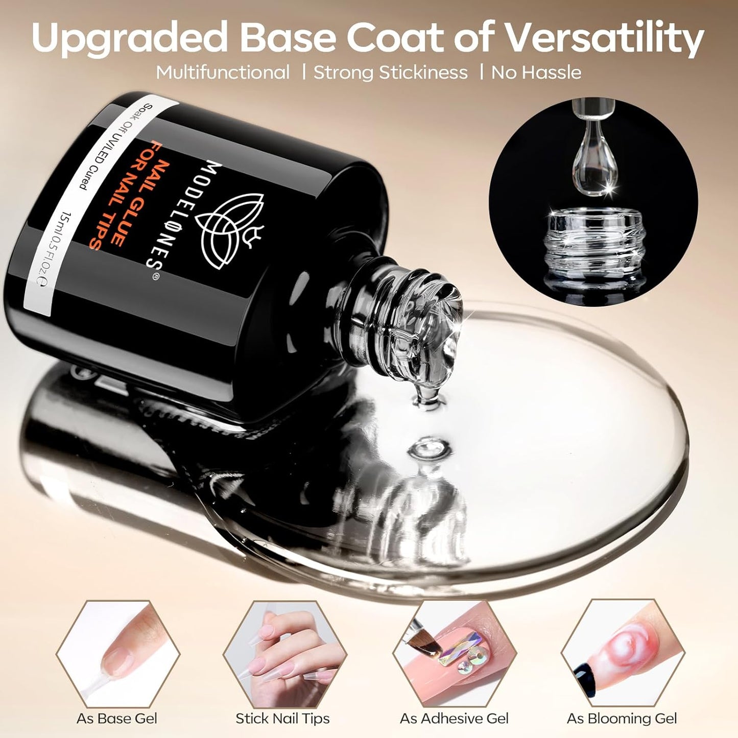 modelones Nail Glue Gel with Top Coat and Prep Dehydrator 3 PCS 15ml 9 in One Gel Glue Kit for Easy Nail Extension, No Wipe Top Coat