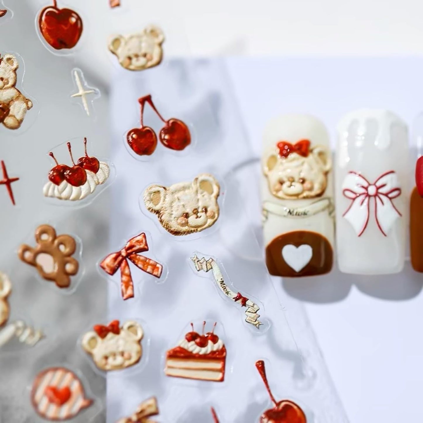 Dedyel Cute Nail Stickers 5D Embossed Cartoon Bear Kawaii Animal Self-Adhesive Nail Decals for Women Girls Kids Nail Art Decoration