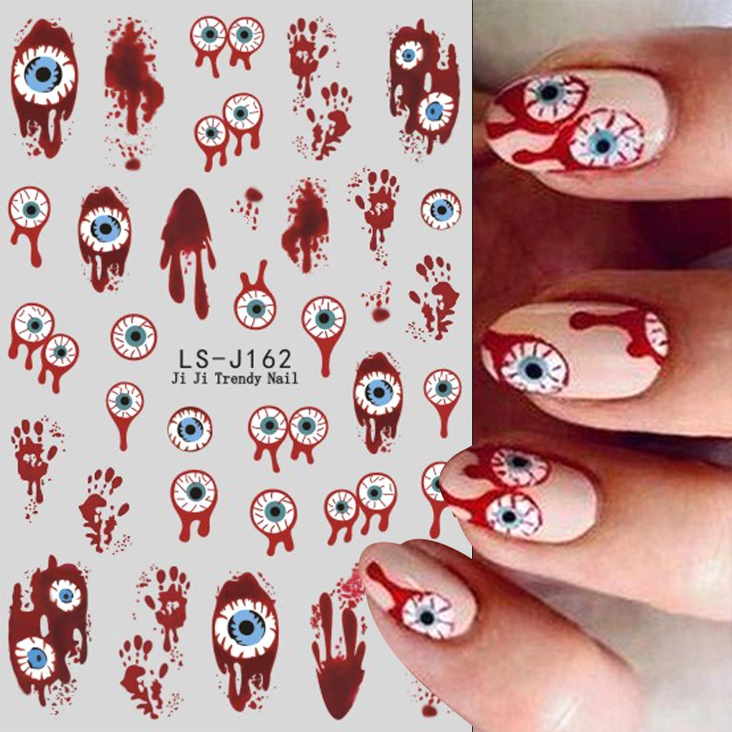 8 Sheets Halloween Nail Art Stickers Decals Evil Eye Nails Stickers Cute Ghost Pumpkin Nails Decal Self-Adhesive Blood Drop Nails Art Decals for Women Halloween Decor