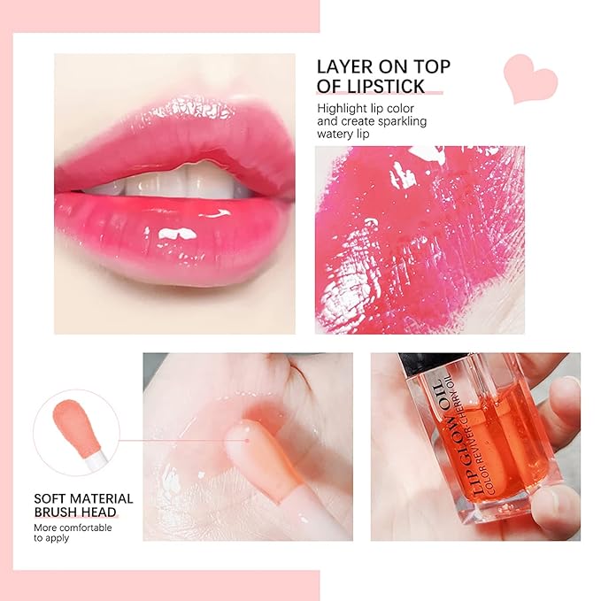 2 Set Lip Oil Hydrating Tinted Lip Balm, Plump Lip Gloss Lip Care Transparent Toot Lip Oil Tinted, Fresh Texture & Non-sticky, Nourishing Repairing Lightening Lip Lines Lip Care Products (Pink / Cherry)